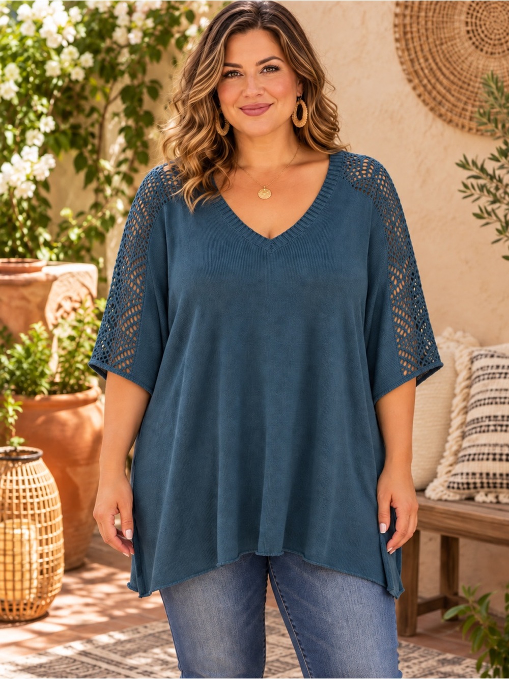 153 NWT DAVI & DANI Teal V-Neck Knit Tunic with Crochet Sleeves Size 2X